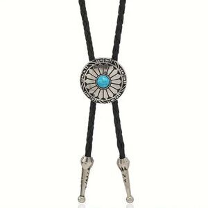 Turquoise Stone Small Round Concho Bolo Tie Mens Casual Western Cowboy Accessory